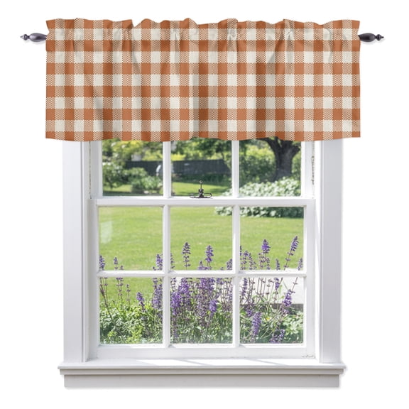 Orange Checkered Valances for Windows, Fall Country Vintage Farmhouse Orange Plaid Gingham Valance Window Treatment Rod Pocket Short Curtains Valances for Kitchen Bathroom 42"W x 12"L