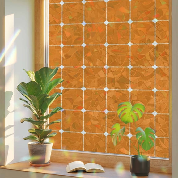 Orange Checkered Window Privacy Film, Modern Minimalist Geometric Grid Lines Plaid Stained Glass Rainbow Film Decorative Window Clings, Static Cling Sun Blocking Stickers 23.6" x 59"