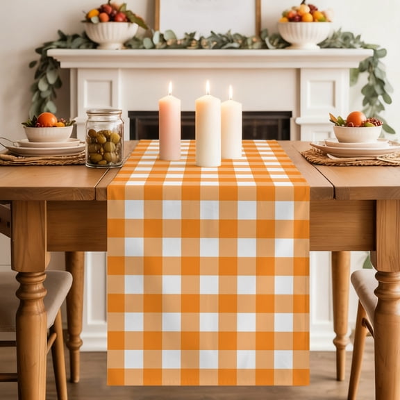 Orange Checks Dining Table Runner, White Gingham Plaid Abstract Modern Summer Washable Table Runners Kitchen Coffee Table Center Decor for Home Party Holiday Wedding 13 x 36 Inches