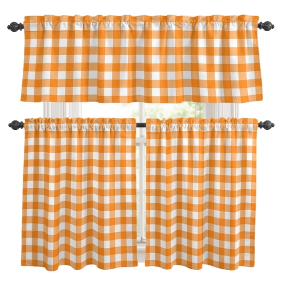 Orange Checks Kitchen Curtains Set for Windows, White Gingham Plaid Abstract Modern Summer Curtains Valance and Tier 3 Piece Set Small Drapes 24 Inch Length for Kitchen Bedroom Decor