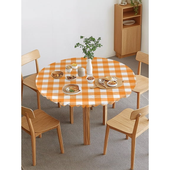 Orange Checks Round Fitted Tablecloth with Elastic Edge, White Gingham Plaid Abstract Modern Summer Waterproof Stretch Table Covers for 36"-44" Tables Wipeable Table Cloth for Outdoor