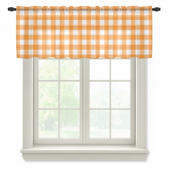 Orange Checks Semi Sheer Valance Curtains, White Gingham Plaid Abstract Modern Summer Voile Valances Curtain Rod Pocket Small Window Treatment for Kitchen Bathroom Cafe 42"x12"