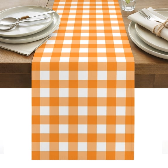 Orange Checks Table Runner, White Gingham Plaid Abstract Modern Summer Cotton Linen Kitchen Dining Table Runner Cloth Dresser Scarf Decoration for Party Home Decor 13x36in