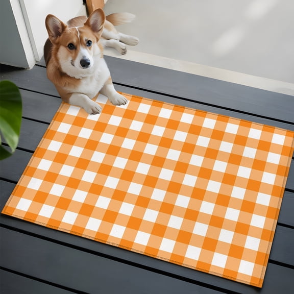 Orange Checks Washable Entry Rug 2x3 White Gingham Plaid Abstract Modern Summer Low Pile Indoor Door Mat with Rubber Backing Thin Area Rug for for Entrance, Bedroom, Kitchen, Laundry, Bathroom