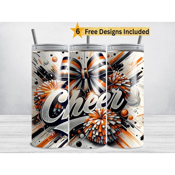 Orange Cheer 20 oz Straight Skinny Tumbler, Cheerleader, Cheerleading Pom Pom Coquette Bow, Reusable Travel Cup with Lid and Straw