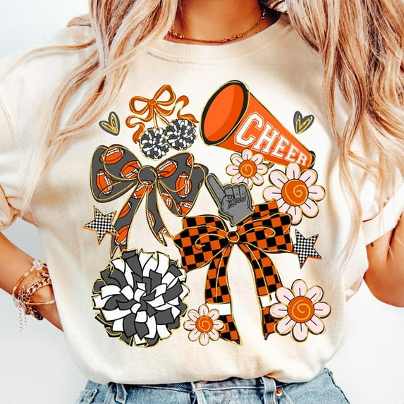Orange Cheer Mom T-Shirt for Women, Preppy Coquette Cheerleader Graphic Tee with Bow, Team Spirit Shirt for Cheer Season and Competition