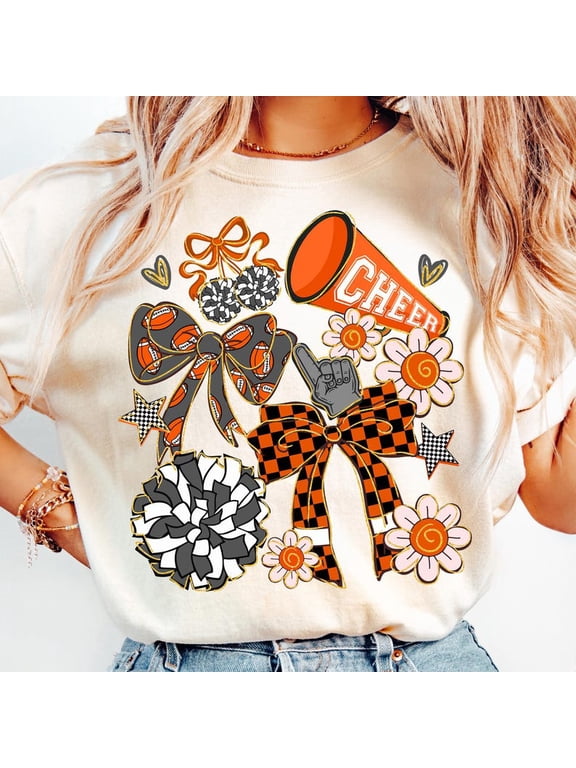 Orange Cheer Mom T-Shirt for Women, Preppy Coquette Cheerleader Graphic Tee with Bow, Team Spirit Shirt for Cheer Season and Competition