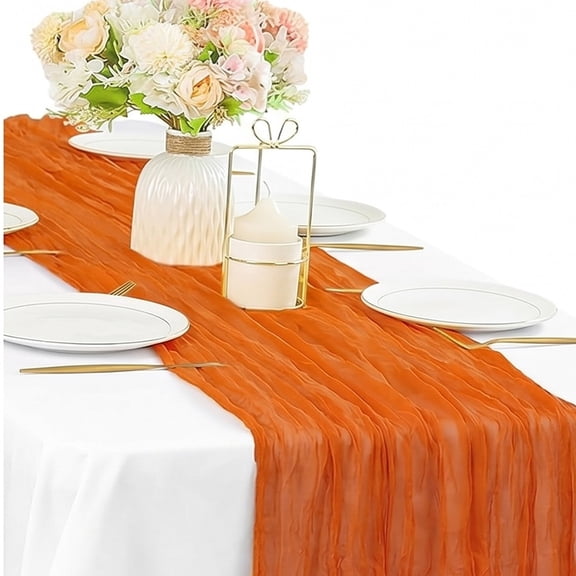 Orange Cheesecloth Table Runner Sheer Crinkled Boho Gauze Fabric for Wedding Thanksgiving Fall Party Decor