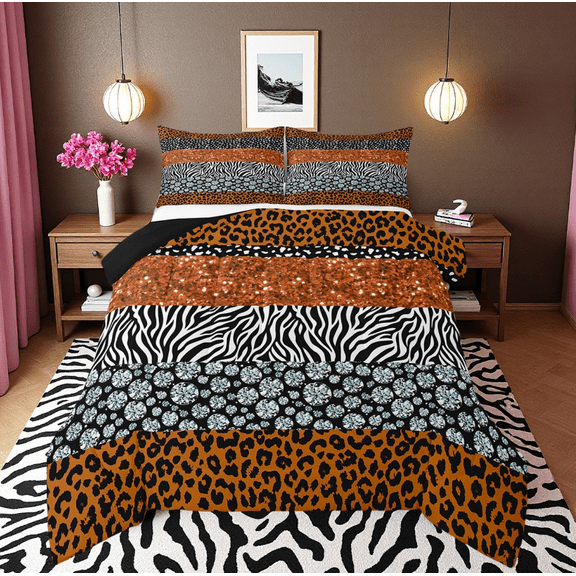 Orange Cheetah Print Bedding Queen Size Cheetah Zebra Animal Pattern Comforter Set, Glitter Diamond Cool Down Comforter, 1 Comforter 2 Pillowcases (No Real Glitter No Sequin)