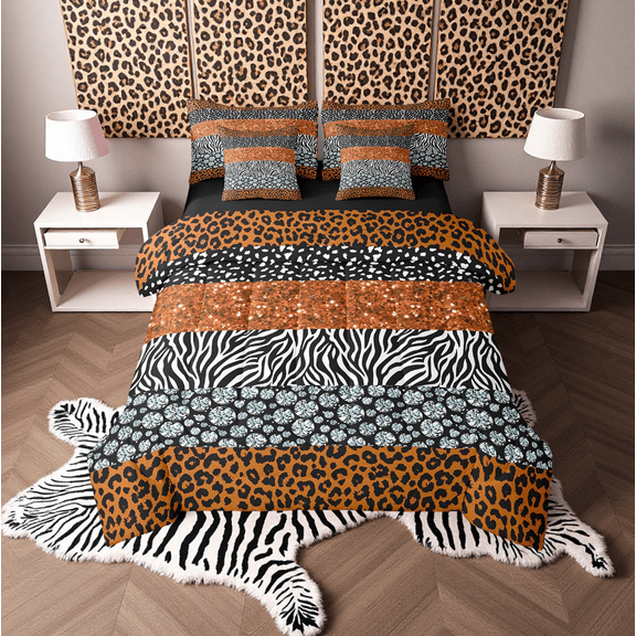 Orange Cheetah Print Bedding Queen Size Cheetah Zebra Animal Pattern Bed Set(Comforter+Fitted+Flat Sheet+2 Pillowcases+2 Throw Pillow Covers) 7 Pieces (No Real Glitter No Sequin)