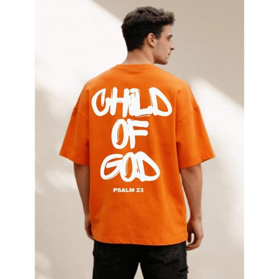 Orange Child Of God Graphic T-Shirt Unisex Oversized Washed Cotton Tee Streetwear Psalm 23 Print