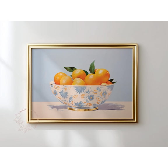 Orange Chinoiserie Print, Cottagecore Kitchen Art Home Decor #2566, Stretched Canvas Size 8x12