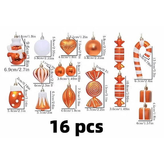Orange Christmas Balls Ornaments Set, Christmas Tree Decorations 16 PCS Shaped Styles Xmas Tree Holiday Decor Shatterproof Plastic Baubles Decorative Balls for Xmas Tree Decor Holiday Wedding Party