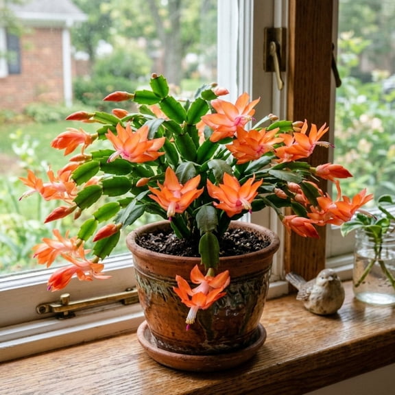 Orange Christmas Cactus Live Plant, 3 Inch Pot, 2 Plants per Pot, Schlumbergera Holiday Cactus Houseplant, Indoor Flowering Succulent Plant for Home Decor