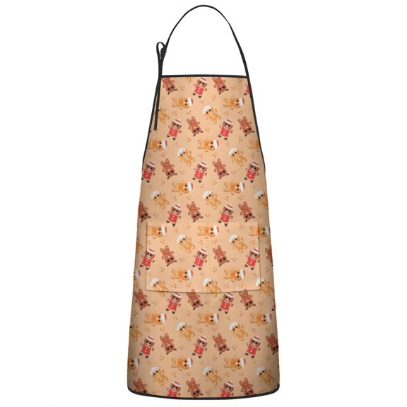 Orange Christmas Gingerbread Man Pattern Apron-Garden Aprons for Women with Pockets-Cotton Linen Waterproof Kitchen Cooking Gardening Aprons Adjustable for Kitchen,Cooking,BBQ and Salon 33"x27"