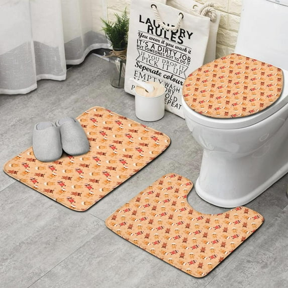 Orange Christmas Gingerbread Man Pattern Bathroom Rugs Sets 3 Piece,Toilet Cover Set,Absorbent Non Slip Bathroom Mats Sets with U-Shaped Contour Rug Toilet Rug Set