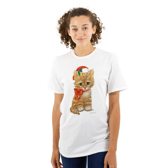Orange Christmas Kitten Santa Hat Bow Women's Graphic T Shirt Tees Brisco Brands S