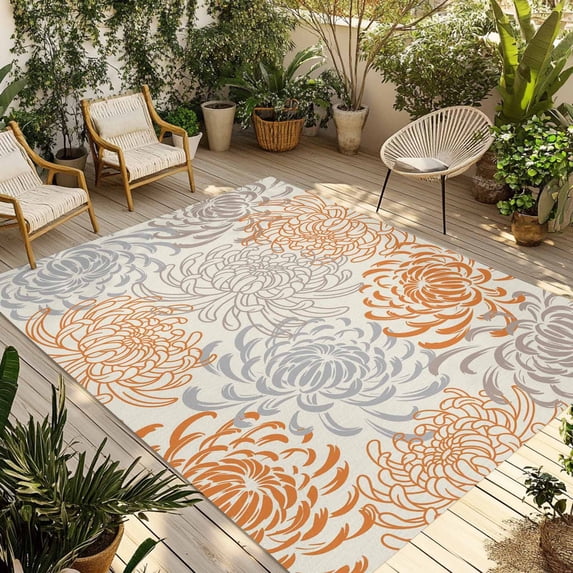 Orange Chrysanthemums Outdoor Rug for Patio/Deck/Porch, Non-Slip Large Area Rug 6 x 9 Ft, Watercolor Flowers Country Blossom Indoor Outdoor Rugs Washable Area Rugs, Camping Rug Carpet Runner