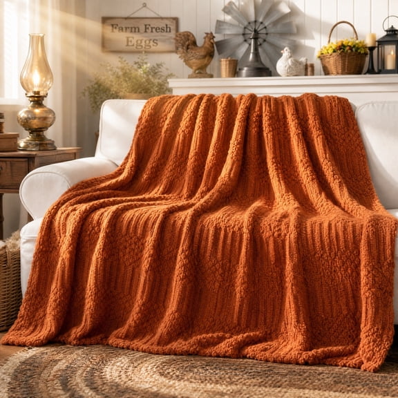 Orange Chunky Knit Throw Blanket, Textured Bobble Ribbed Knitted Blanket, Soft Cozy Farmhouse Fall Decor Throw for Couch Sofa Bed Living Room, All Season Home Decor