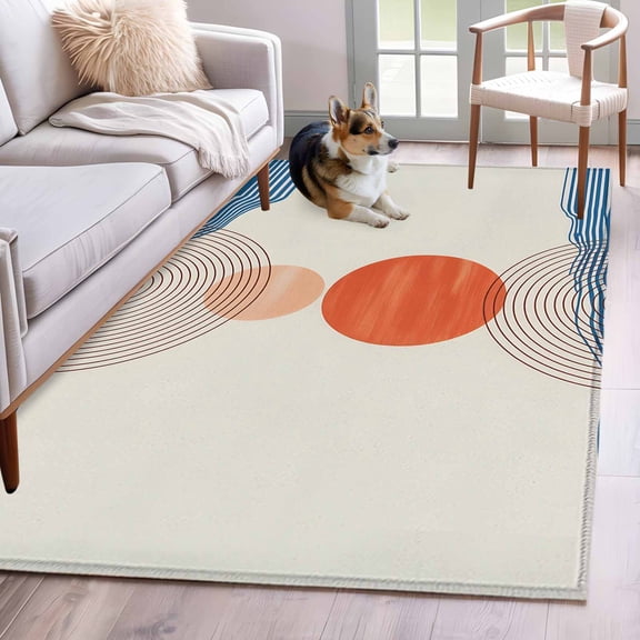 Orange Circle Area Rugs 3x5 ft Blue Brown Line Sun Modern Abstract Beige Washable Rug Non Slip Indoor Carpet Absorbent Floor Mat for Living Room Bedroom Dining Room