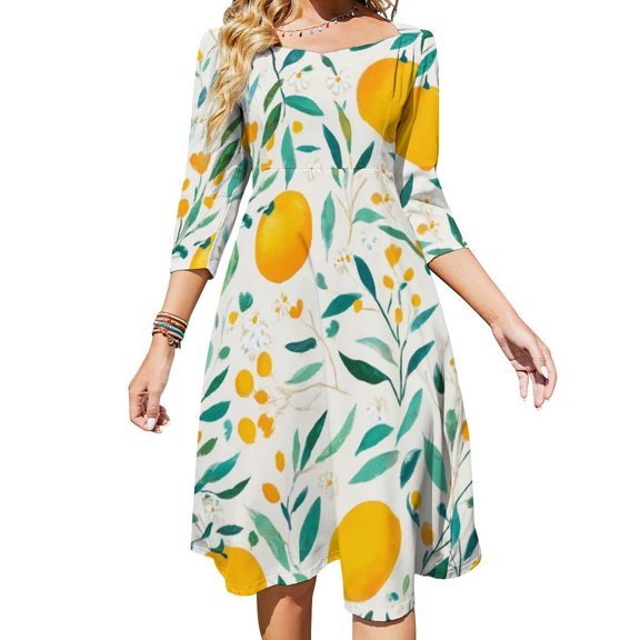 Orange Citrus Floral Pattern Design Flare Dress Square Neck Dress Elegant Female Fashion Printed Dress