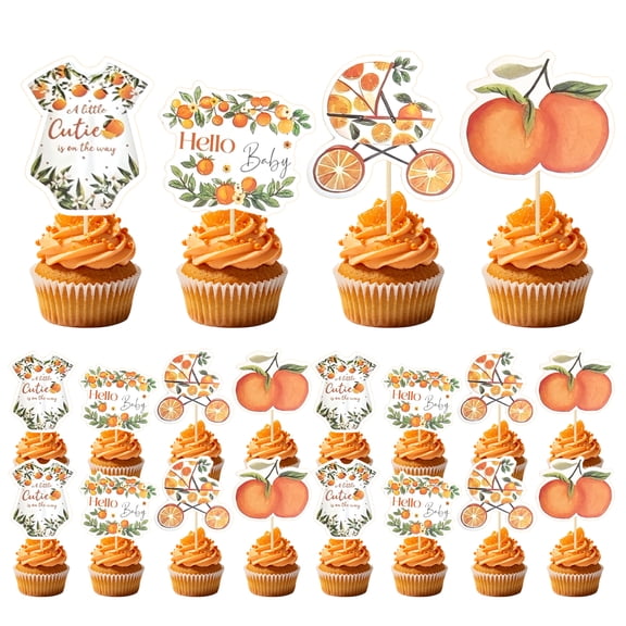 Orange Citrus Party Cupcake Toppers - 4 Unique Designs Decorative Picks for Birthday & Garden Gatherings