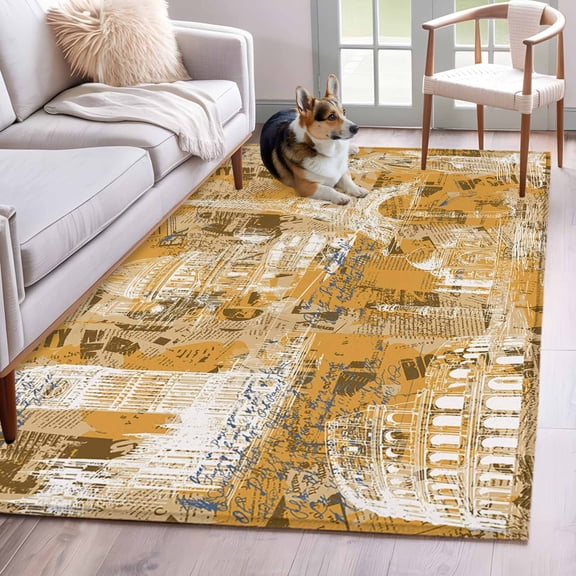 Orange City 4x6 Area Rugs for Living Room, Retro Modern Abstract Orange Architecture Non Slip Floor Mat Washable Low-Profile Indoor Carpet for Bedroom, Dining Room, Bathroom