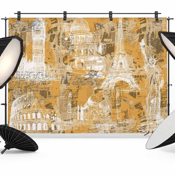 Orange City Backdrop for Photography, Retro Modern Abstract Orange Architecture Photo Backdrop Portrait Background Party Banner Photo Backgrounds for Studio Booth Props, 7x5ft