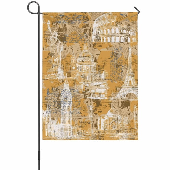 Orange City Garden Flag 12 x 18 Inches, Retro Modern Abstract Orange Architecture Weather Proof Outdoor Patio Flags Double Sided Small Garden Decoration for Yard Outside Home