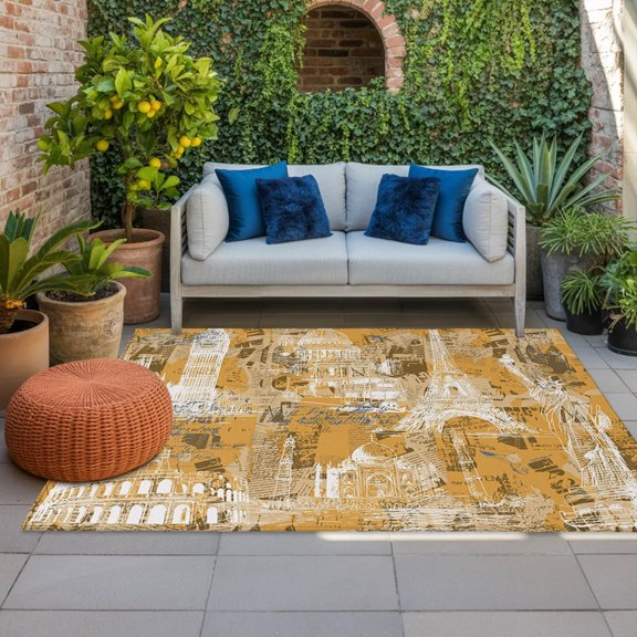 Orange City Indoor Outdoor Rugs 3x5 Ft, Retro Modern Abstract Orange Architecture Outdoor Patio Rugs Mat Washable Outside Area Rugs Carpet for Porch Deck RV Camping Pool Balcony Backyard