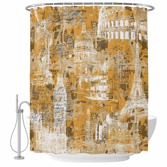 Orange City Shower Curtain, 36"x72", Retro Modern Abstract Orange Architecture Waterproof Bathroom Curtain Washable Shower Curtain Set with 12 Hooks