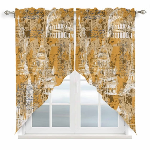Orange City Swag Curtain Valance for Window 2 Panels Retro Modern Abstract Orange Architecture Rod Pocket Small Window Swag Valances for Kitchen Bedroom Bathroom 28" W x 36" L