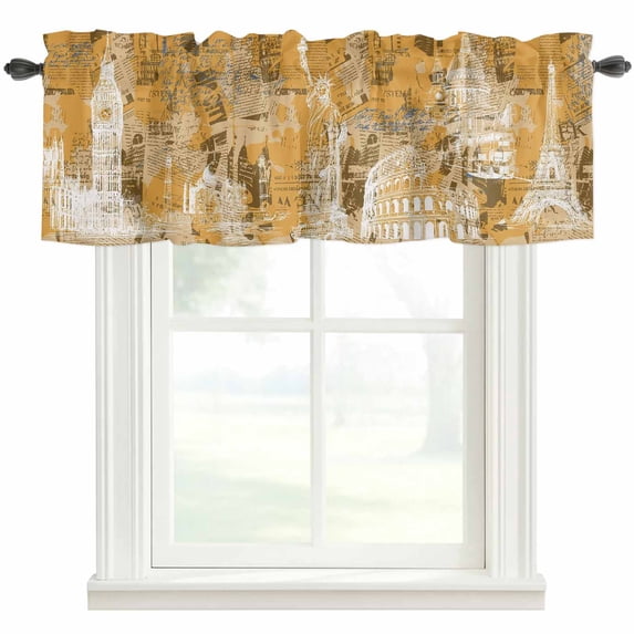 Orange City Valances for Windows Retro Modern Abstract Orange Architecture Rod Pocket Curtain Valance Window Treatment Short Curtains for Kitchen Living Room, 54"x18"