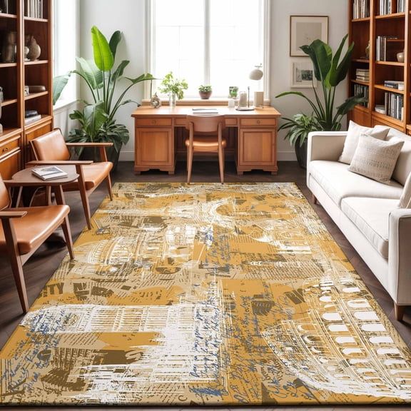 Orange City Washable Area Rug 9 x 12 ft Retro Modern Abstract Orange Architecture, Soft Non Slip Rugs Stain Repellent Indoor Felt Carpet for Living Dining Room Bedroom Home Office