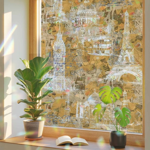 Orange City Window Privacy Film, Retro Modern Abstract Orange Architecture Stained Glass Rainbow Film Decorative Window Clings, Static Cling Sun Blocking Stickers 17.7" x 39.3"