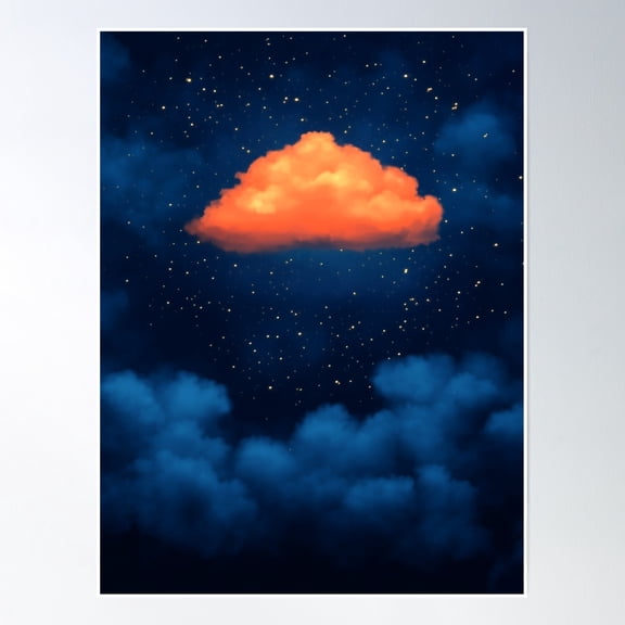 Orange Cloud In Starry Night Sky Illustration Poster Wall Art, Modern Wall Decor, 8x12 UNFRAMED