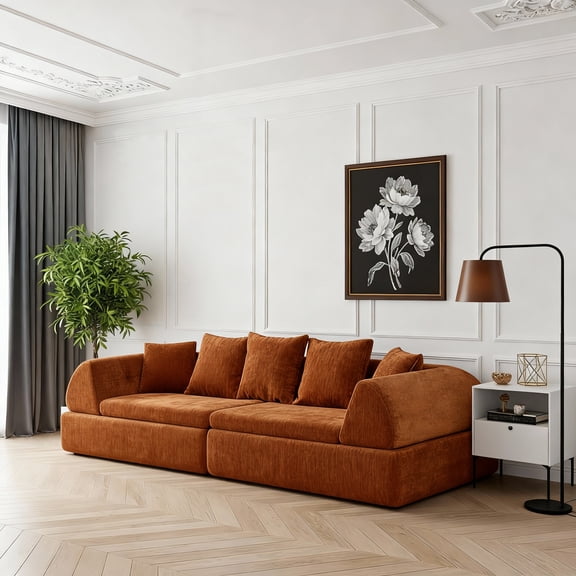 Orange Cloud Modular Sectional Sofa with Ottoman – 4-Seat Deep Fluffy Curved Couch for Living Room & Bedroom – No Assembly Required, Medium-Soft Foam Fill