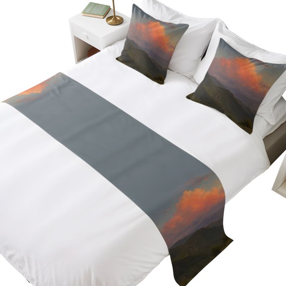 Orange Clouds Bed Runner Set, 83 x 20 Inch Gray Green Mountain Peaks Valleys Forest Rustic Bed Scarf with 2 Matching Pillow Covers, Decorative Bedding Scarf Protection for Bedroom Hotel