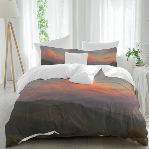 Orange Clouds Comforter Set King Size, Gray Green Mountain Peaks Valleys Forest Rustic Soft Bedding Set for Man Woman, 4 Pieces Duvet Cover Set with Flat Sheet, 2 Pillowcases