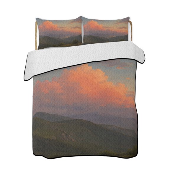 Orange Clouds Quilts Bedding Set King Size Gray Green Mountain Peaks Valleys Forest Rustic Lightweight Quilted Bedspread 3 Piece Bed Quilt with 2 Pillow Shams All Season for Bedroom 90" x 96"