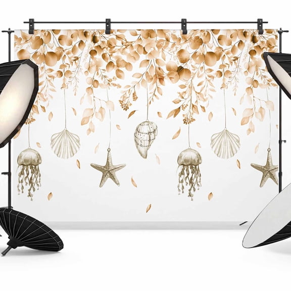 Orange Coastal Backdrop for Photography,Fabric Photo Background Backdrop,Summer Eucalyptus Leaves Beach Ocean Starfish Photo Booth Background for Portrait Photoshoot Video Wedding Banner 7x5ft