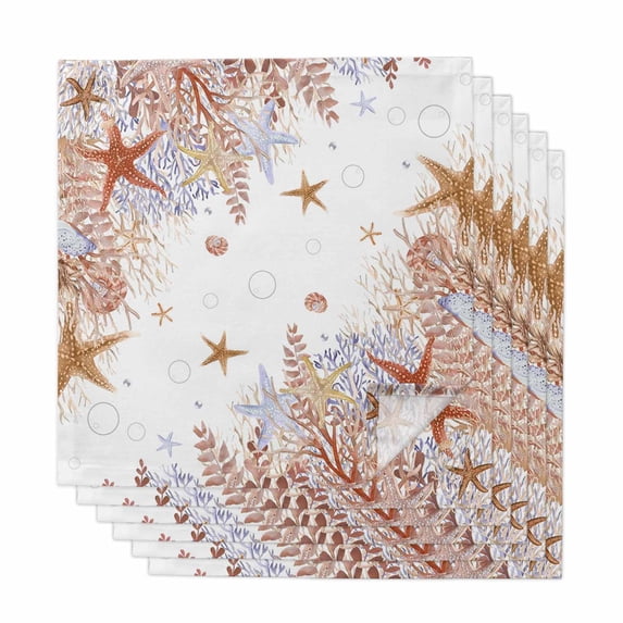 Orange Coastal Cloth Napkins, Beach Nautical Coral Starfish Summer Washable and Reusable Dinner Napkins Set of 6, Table Napkin for Kitchen Party Birthday Wedding Hotel Housewarming 20"x20"