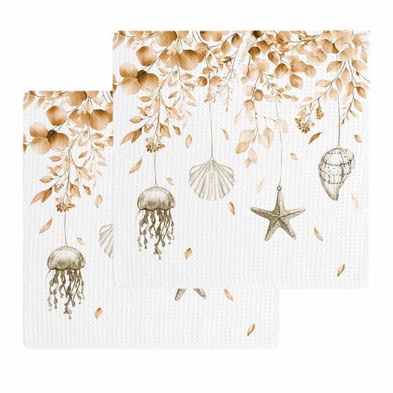 Orange Coastal Dish Towels Set,Waffle Weave Kitchen Towels 2Pcs, Summer Eucalyptus Leaves Beach Ocean Starfish Microfiber Hair Face Bath Tea Towel Absorbent Quick Drying Cleaning Dish Cloths 12"x12"