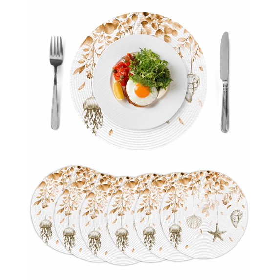 Orange Coastal Round 13 Inch Placemats Set of 6, Summer Eucalyptus Leaves Beach Ocean Starfish HeatResistant Non Slip Place Mats for Dining Table, Wipeable Braided Kitchen Table Mats for Housewarming