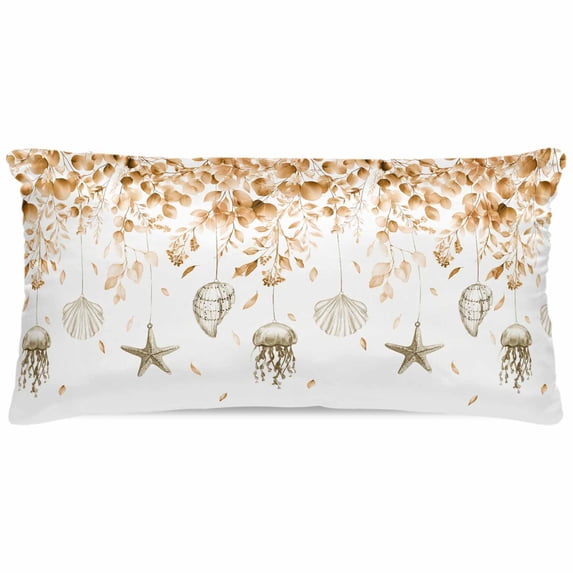 Orange Coastal Satin Pillowcase for Hair and Skin with Zipper, Soft Breathable Cooling Silk Pillow Cases, Summer Eucalyptus Leaves Beach Ocean Starfish Throw Pillow Covers King Size 20"x40"