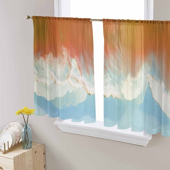 Orange Coastal Semi Sheer Curtains 45 Inch Length 2 Panels Set, Summer Beach Seaside Ocean Nautical Sheer Kitchen Curtain Privacy Voile Window Curtain for Living Room Bedroom Rod Pocket Drapes