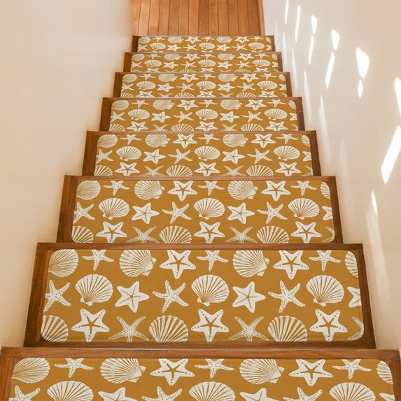 Orange Coastal Stair Treads Non Slip for Steps Starfish Shell Ocean Nautical 4 Pcs Reusable Adhesive Stair Runner Mats for Dogs Elders Carpet Treads Rugs for Staircase 8x30 In
