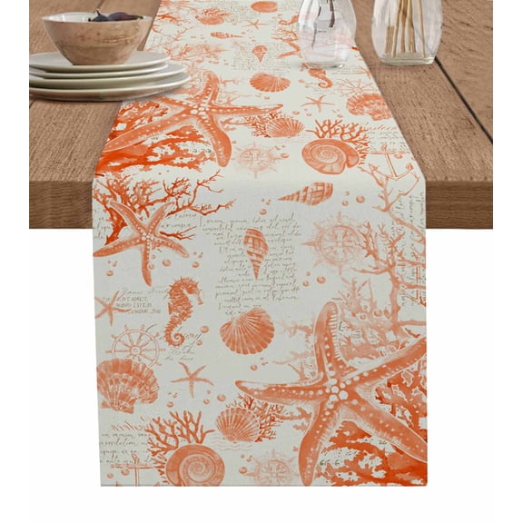 Orange Coastal Starfish Burlap Cotton Table Runner 13x60 Inches Long, Farmhouse Nautical Coral Conch Farmhouse Table Runners, Outdoor Dining Tablecloths Decor for Baby Shower/Party/Wedding