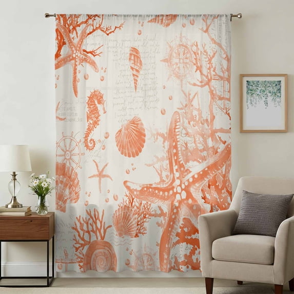 Orange Coastal Starfish Sheer Curtains 54 Inches Long, Farmhouse Nautical Coral Conch Light Filering Curtains, Breathable Simi Curtain Privacy Drapes for Kitchen Bathroom Small Window Treatment