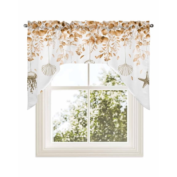 Orange Coastal Swag Valance for Windows 56'' x 36'', Summer Eucalyptus Leaves Beach Ocean Starfish Light Filtering Kitchen Curtains Valances for Bathroom/Living Room/Bedroom/Café, Rod Pocket Curtain